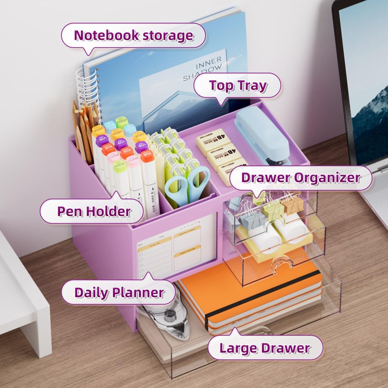 Marbrasse Desk Organizer with 3 Drawer, Multi-Functional Pencil Pen Holder, Desk Organizers and Accessories with 4 Compartments,Desktop Organizer Storage for Office Home Art Supplies (Purple) - Image 2